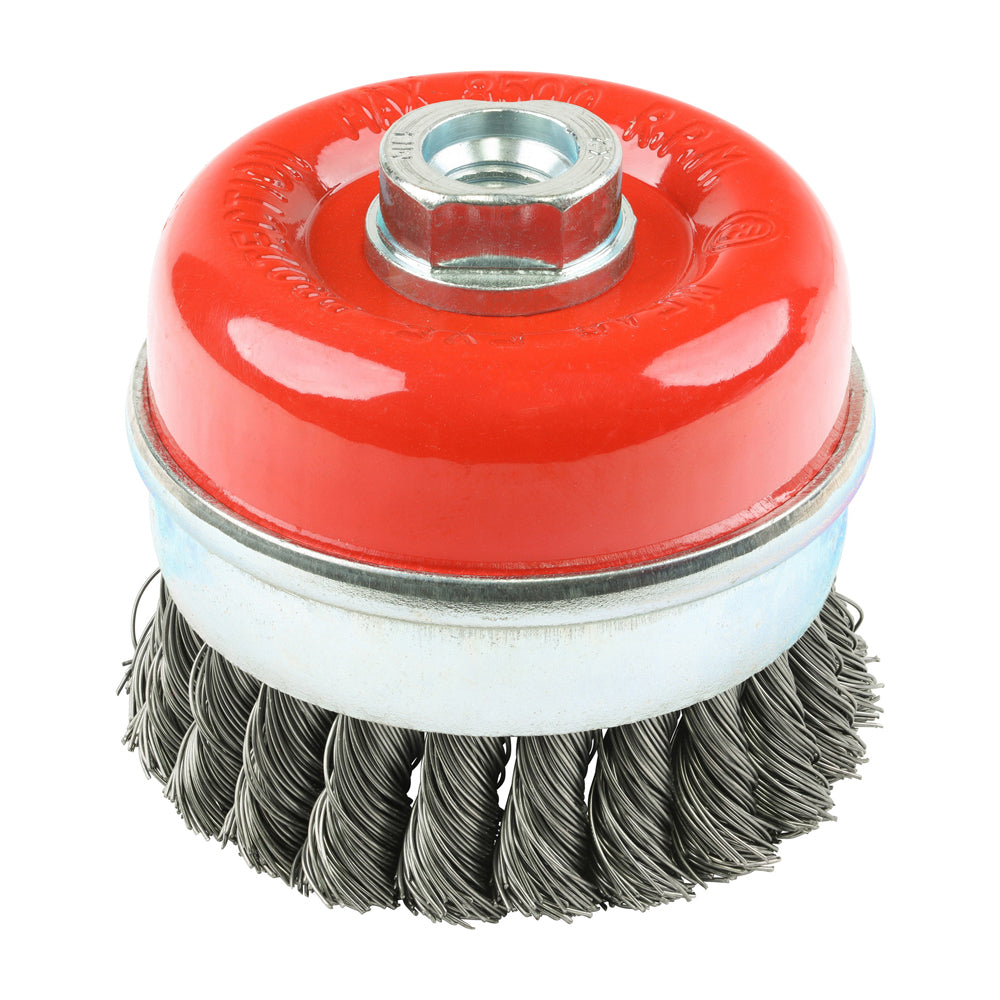 This is an image showing TIMCO Angle Grinder Cup Brush - Twisted Knot Steel Wire - 80mm - 1 Each Blister Pack available from T.H Wiggans Ironmongery in Kendal, quick delivery at discounted prices.