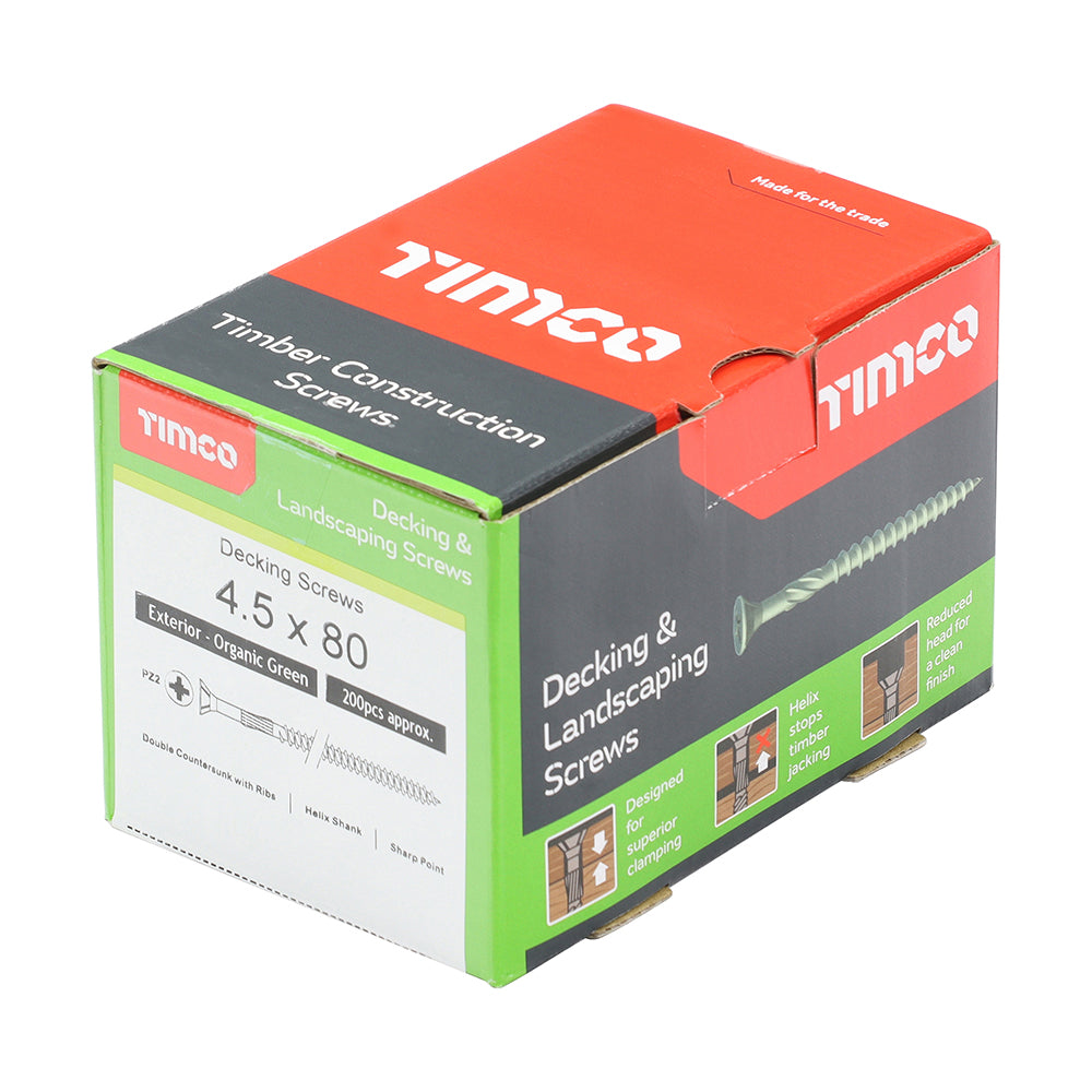 This is an image showing TIMCO Decking Screws - PZ - Double Countersunk - Exterior - Green - 4.5 x 80  - 200 Pieces Box available from T.H Wiggans Ironmongery in Kendal, quick delivery at discounted prices.