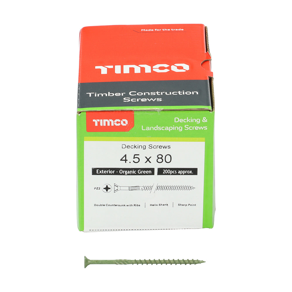 This is an image showing TIMCO Decking Screws - PZ - Double Countersunk - Exterior - Green - 4.5 x 80  - 200 Pieces Box available from T.H Wiggans Ironmongery in Kendal, quick delivery at discounted prices.