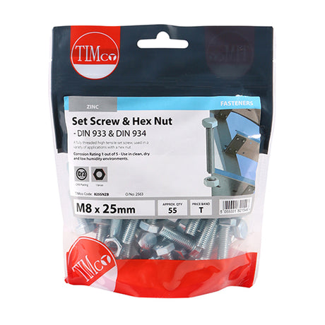 This is an image showing TIMCO Set Screws & Hex Nuts - Grade 8.8 - Zinc - M8 x 25 - 55 Pieces TIMbag available from T.H Wiggans Ironmongery in Kendal, quick delivery at discounted prices.