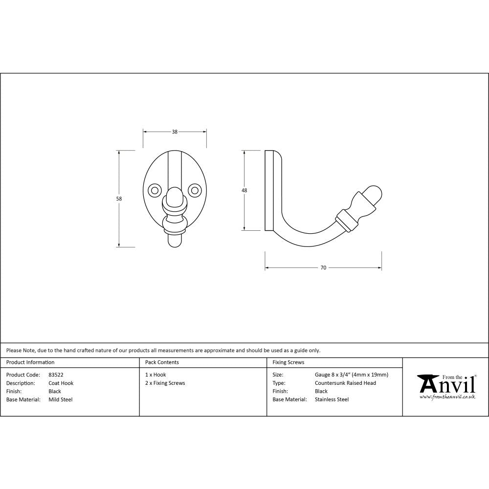 This is an image showing From The Anvil - Black Coat Hook available from trade door handles, quick delivery and discounted prices