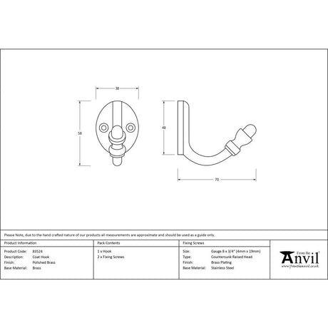 This is an image showing From The Anvil - Polished Brass Coat Hook available from trade door handles, quick delivery and discounted prices