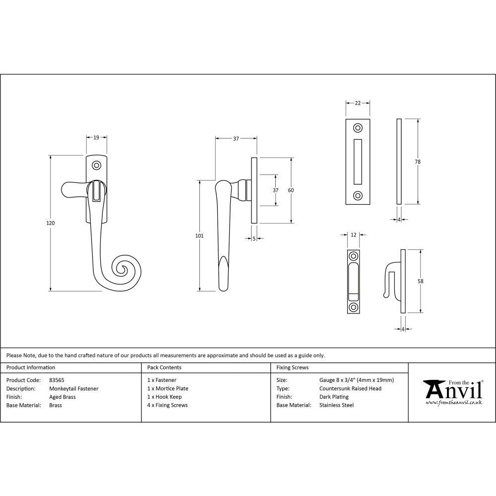 This is an image showing From The Anvil - Aged Brass Monkeytail Fastener available from T.H Wiggans Architectural Ironmongery in Kendal, quick delivery and discounted prices