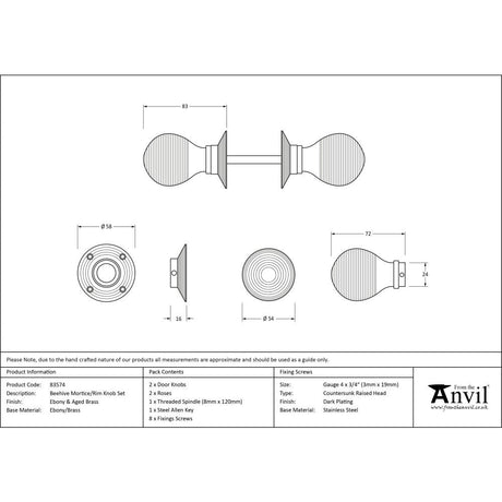 This is an image showing From The Anvil - Ebony & Aged Brass Beehive Mortice/Rim Knob Set available from trade door handles, quick delivery and discounted prices