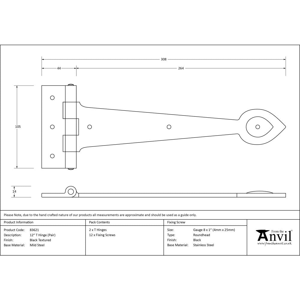 This is an image showing From The Anvil - Black Textured 12" Cast T Hinge (pair) available from T.H Wiggans Architectural Ironmongery, quick delivery and discounted prices