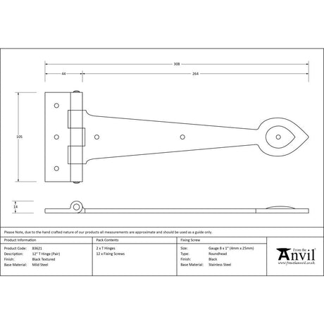This is an image showing From The Anvil - Black Textured 12" Cast T Hinge (pair) available from T.H Wiggans Architectural Ironmongery, quick delivery and discounted prices