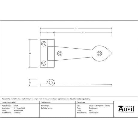 This is an image showing From The Anvil - Black Smooth 6" Cast T Hinge (pair) available from T.H Wiggans Architectural Ironmongery, quick delivery and discounted prices