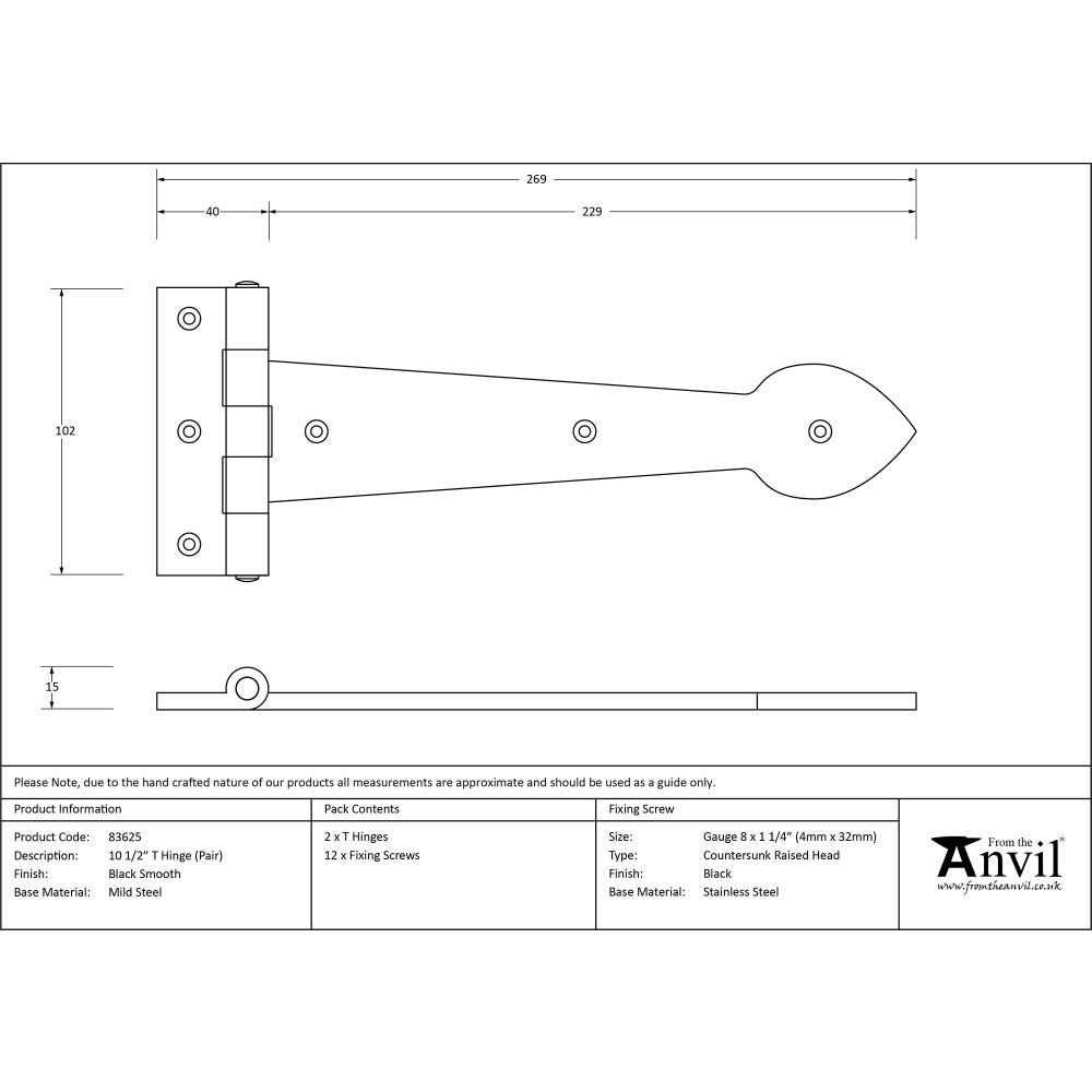 This is an image showing From The Anvil - Black Smooth 10 1/2" Cast T Hinge (pair) available from T.H Wiggans Architectural Ironmongery, quick delivery and discounted prices