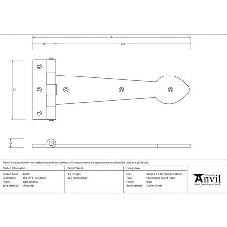 This is an image showing From The Anvil - Black Smooth 10 1/2" Cast T Hinge (pair) available from T.H Wiggans Architectural Ironmongery, quick delivery and discounted prices