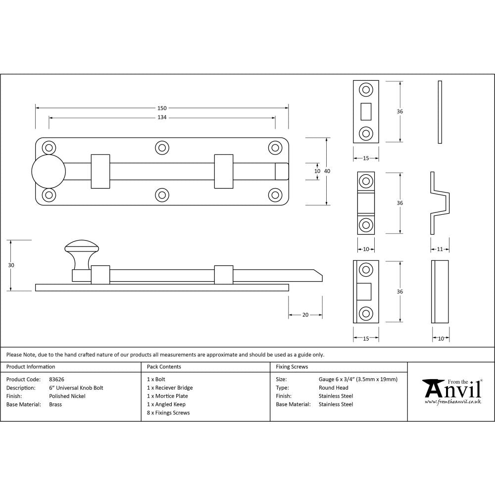 This is an image showing From The Anvil - Polished Nickel 6" Universal Bolt available from trade door handles, quick delivery and discounted prices