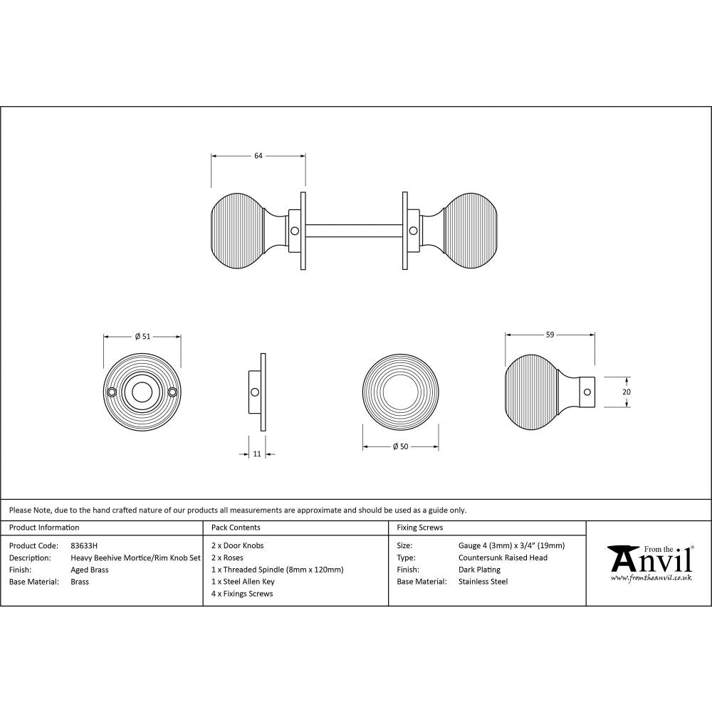 This is an image showing From The Anvil - Aged Brass Heavy Beehive Mortice/Rim Knob Set available from trade door handles, quick delivery and discounted prices