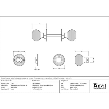 This is an image showing From The Anvil - Aged Brass Beehive Mortice/Rim Knob Set available from trade door handles, quick delivery and discounted prices