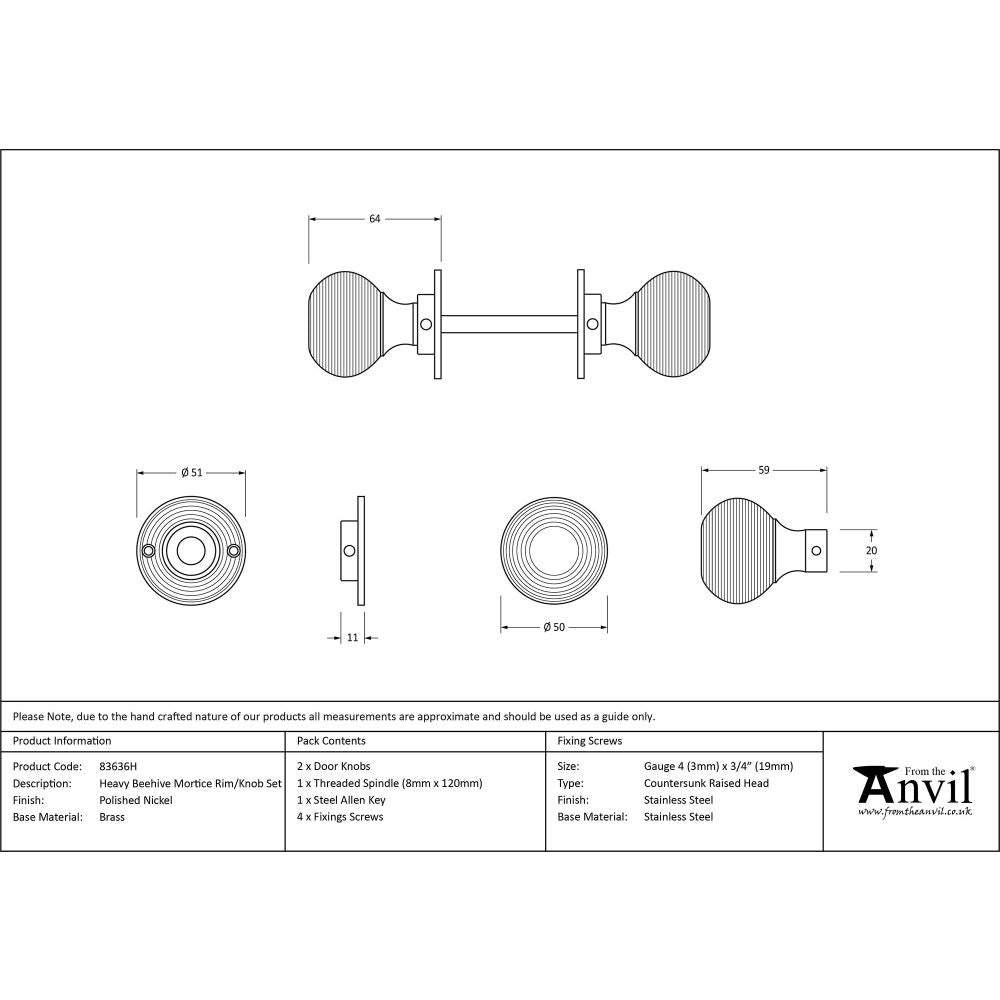 This is an image showing From The Anvil - Polished Nickel Heavy Beehive Mortice/Rim Knob Set available from trade door handles, quick delivery and discounted prices