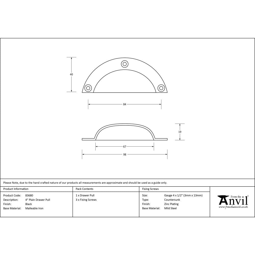 This is an image showing From The Anvil - Black 4" Plain Drawer Pull available from trade door handles, quick delivery and discounted prices