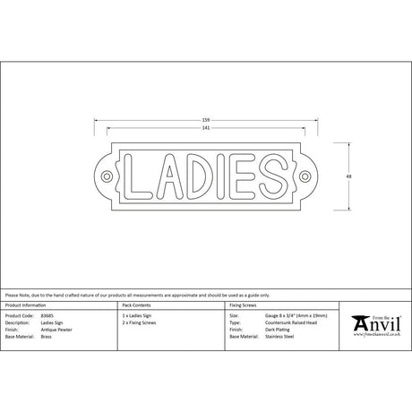 This is an image showing From The Anvil - Antique Pewter Ladies Sign available from trade door handles, quick delivery and discounted prices