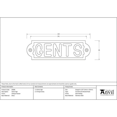 This is an image showing From The Anvil - Antique Pewter Gents Sign available from trade door handles, quick delivery and discounted prices