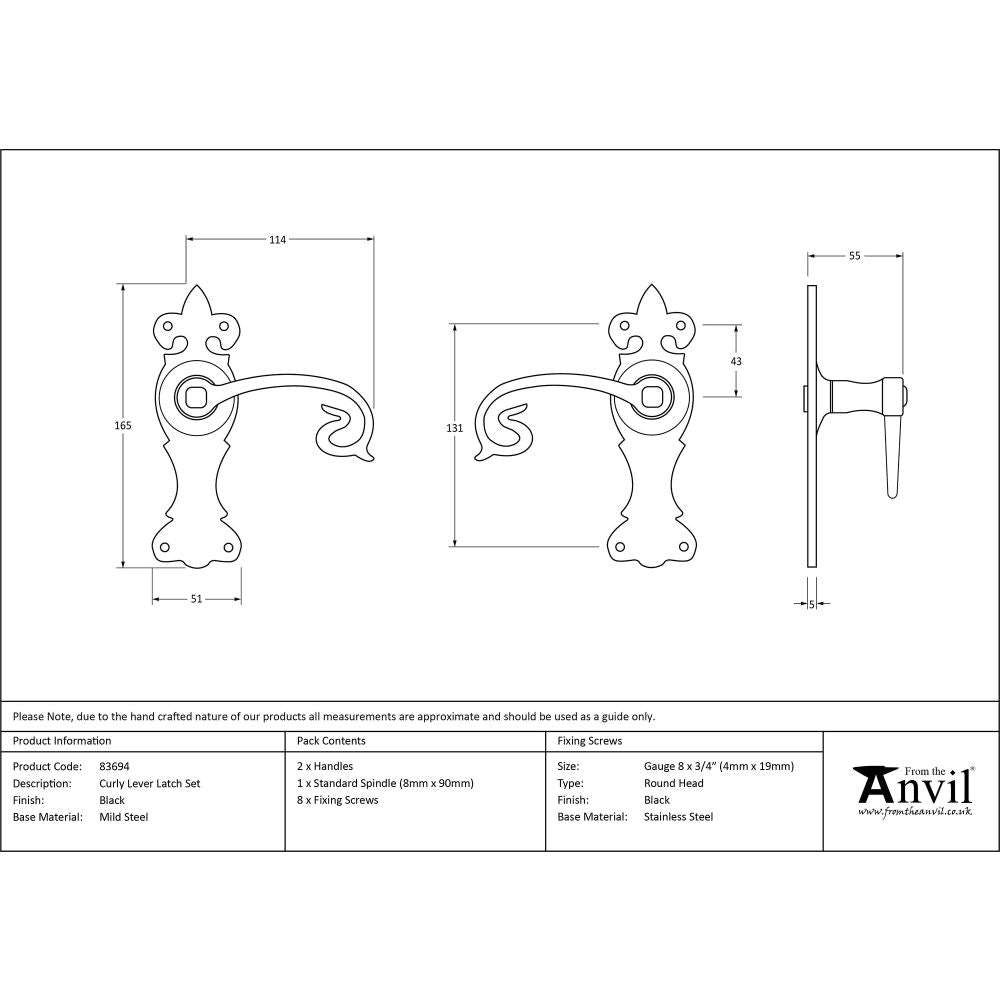 This is an image showing From The Anvil - Black Curly Lever Latch Set available from trade door handles, quick delivery and discounted prices