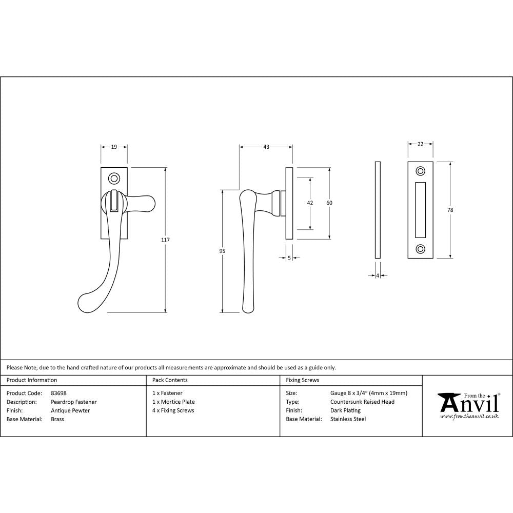 This is an image showing From The Anvil - Antique Pewter Peardrop Fastener available from T.H Wiggans Architectural Ironmongery in Kendal, quick delivery and discounted prices