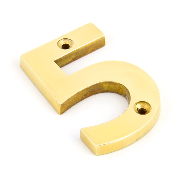 This is an image of From The Anvil - Polished Brass Numeral 5 available to order from T.H Wiggans Architectural Ironmongery in Kendal, quick delivery and discounted prices.