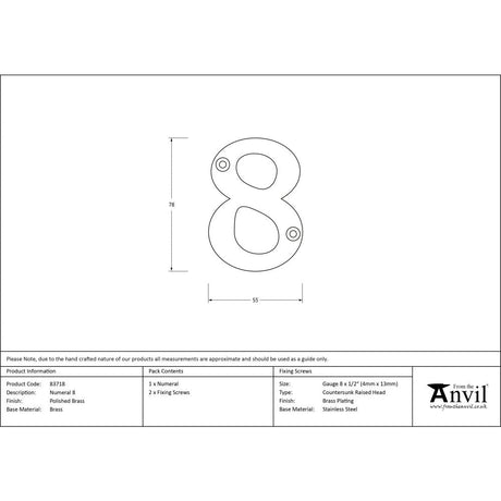 This is an image showing From The Anvil - Polished Brass Numeral 8 available from trade door handles, quick delivery and discounted prices