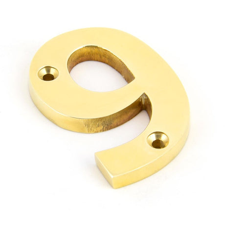 This is an image of From The Anvil - Polished Brass Numeral 9 available to order from T.H Wiggans Architectural Ironmongery in Kendal, quick delivery and discounted prices.