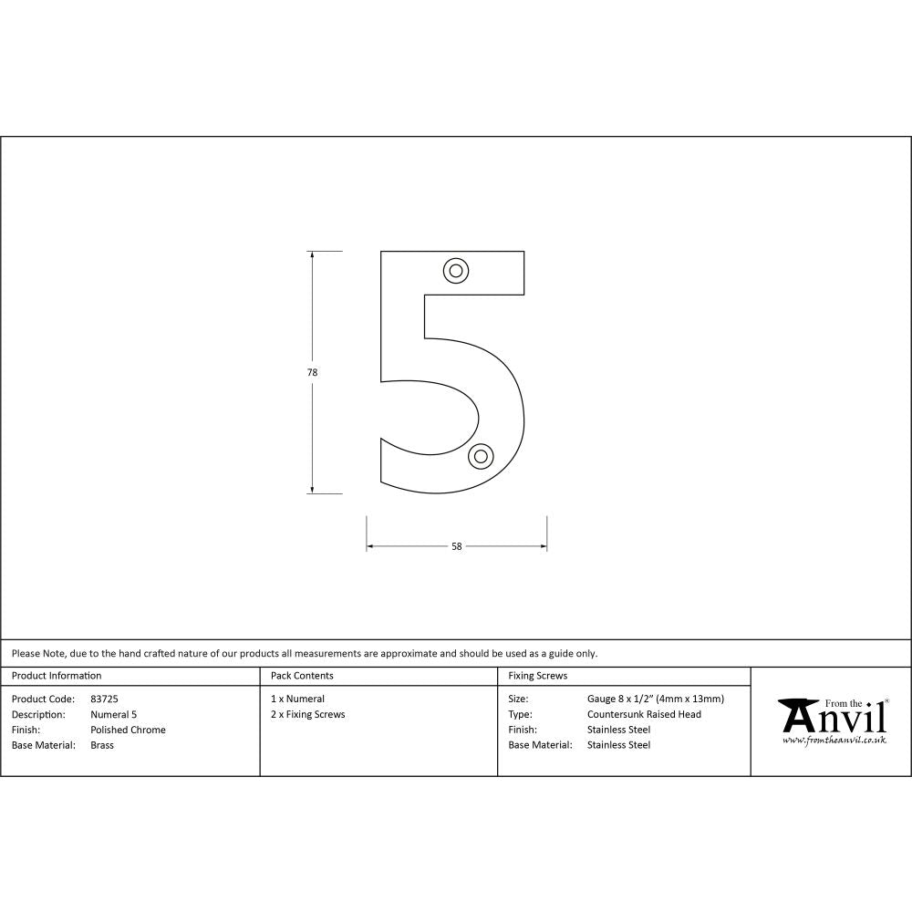 This is an image showing From The Anvil - Polished Chrome Numeral 5 available from trade door handles, quick delivery and discounted prices