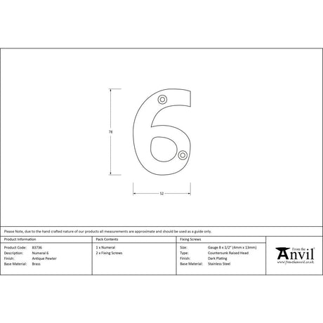 This is an image showing From The Anvil - Antique Pewter Numeral 6 available from trade door handles, quick delivery and discounted prices