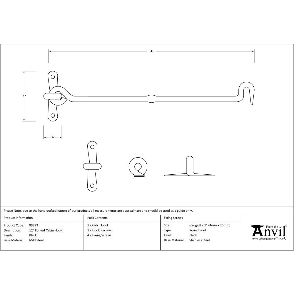 This is an image showing From The Anvil - Black 12" Forged Cabin Hook available from trade door handles, quick delivery and discounted prices