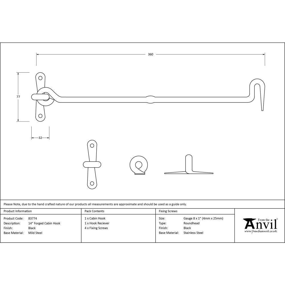 This is an image showing From The Anvil - Black 14" Forged Cabin Hook available from trade door handles, quick delivery and discounted prices