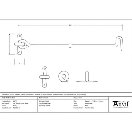 This is an image showing From The Anvil - Black 16" Forged Cabin Hook available from trade door handles, quick delivery and discounted prices