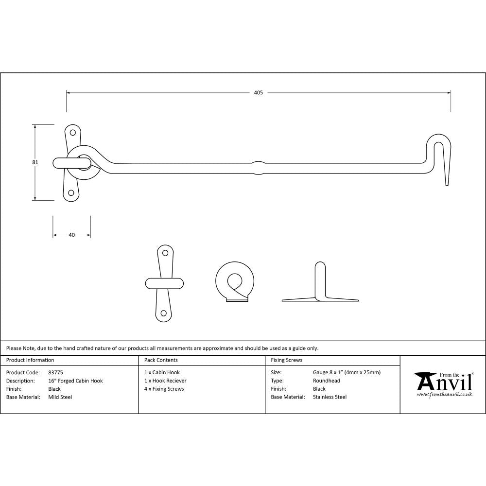 This is an image showing From The Anvil - Black 16" Forged Cabin Hook available from trade door handles, quick delivery and discounted prices