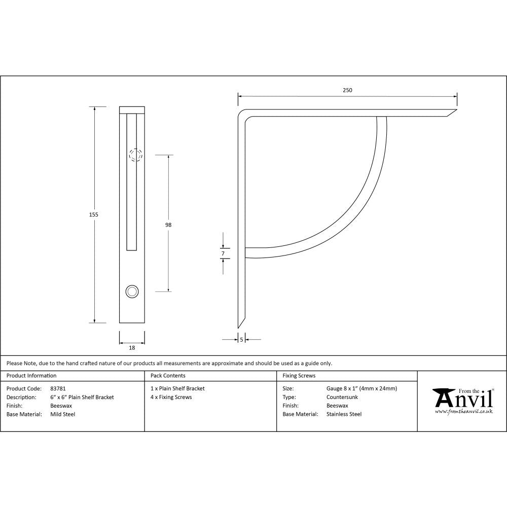 This is an image showing From The Anvil - Beeswax 6'' x 6'' Plain Shelf Bracket available from trade door handles, quick delivery and discounted prices