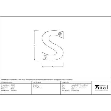 This is an image showing From The Anvil - Black Letter S available from trade door handles, quick delivery and discounted prices