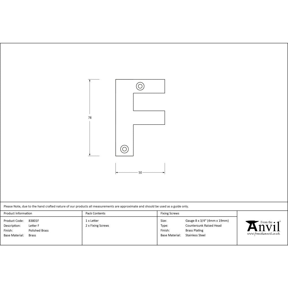 This is an image showing From The Anvil - Polished Brass Letter F available from trade door handles, quick delivery and discounted prices
