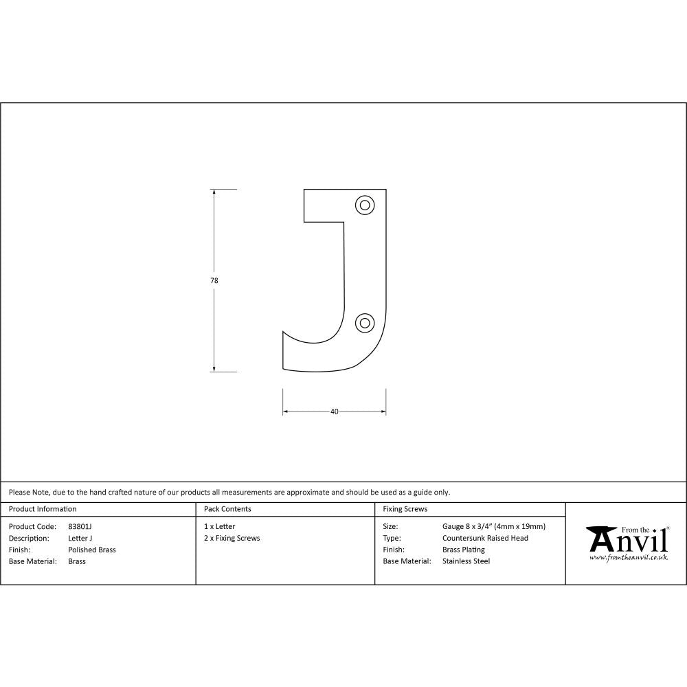 This is an image showing From The Anvil - Polished Brass Letter J available from trade door handles, quick delivery and discounted prices