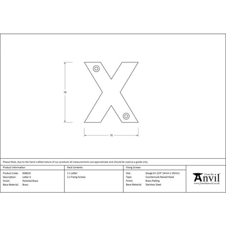 This is an image showing From The Anvil - Polished Brass Letter X available from trade door handles, quick delivery and discounted prices