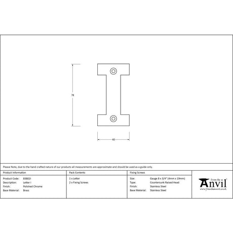 This is an image showing From The Anvil - Polished Chrome Letter I available from trade door handles, quick delivery and discounted prices