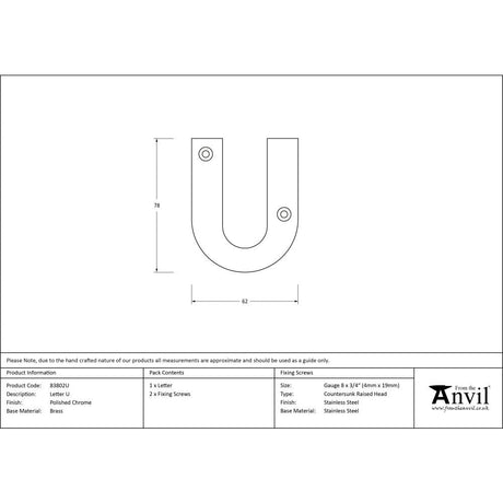 This is an image showing From The Anvil - Polished Chrome Letter U available from trade door handles, quick delivery and discounted prices