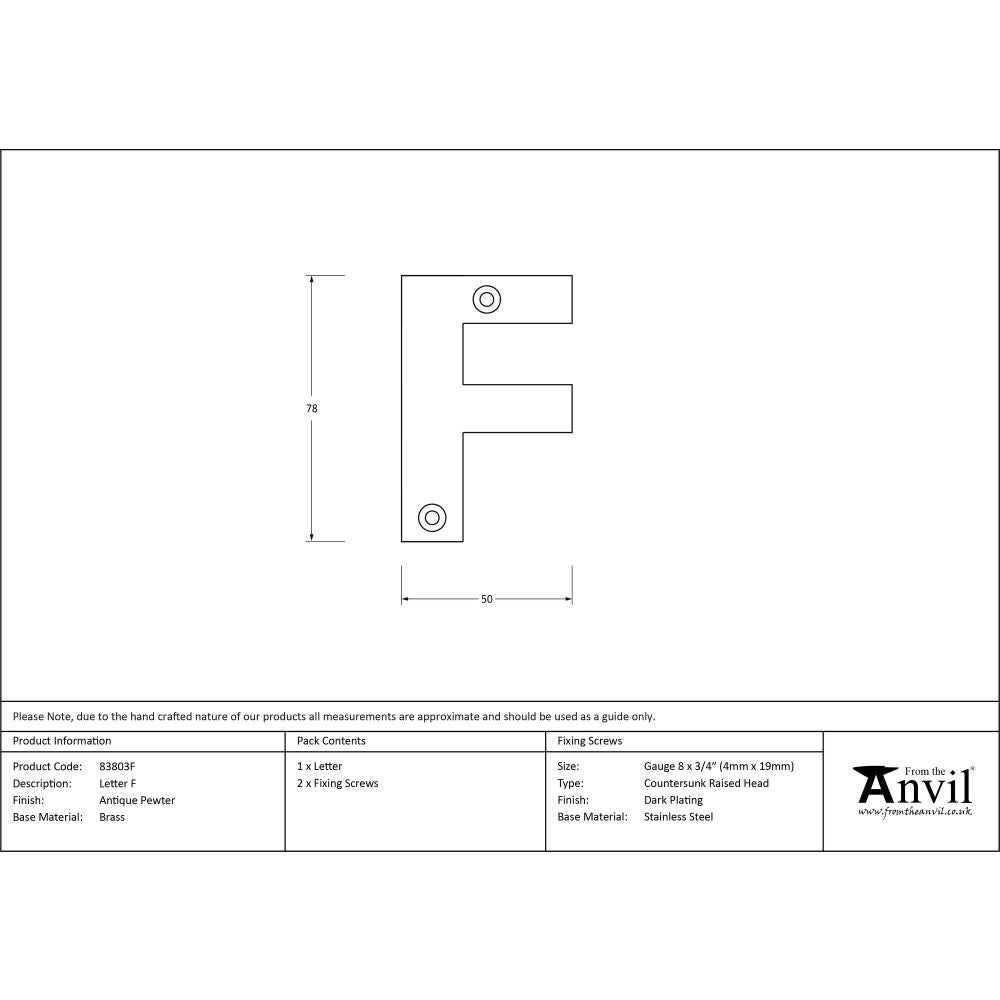 This is an image showing From The Anvil - Antique Pewter Letter F available from trade door handles, quick delivery and discounted prices