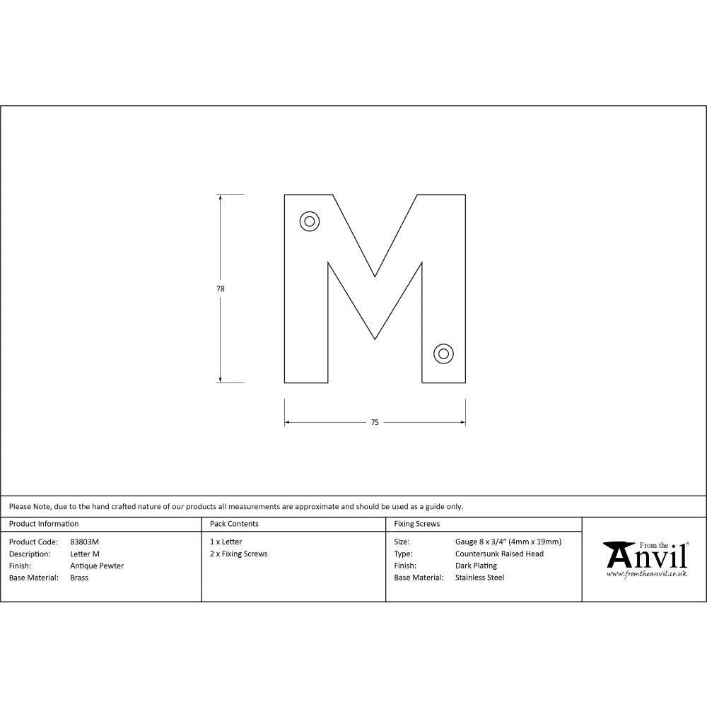 This is an image showing From The Anvil - Antique Pewter Letter M available from trade door handles, quick delivery and discounted prices