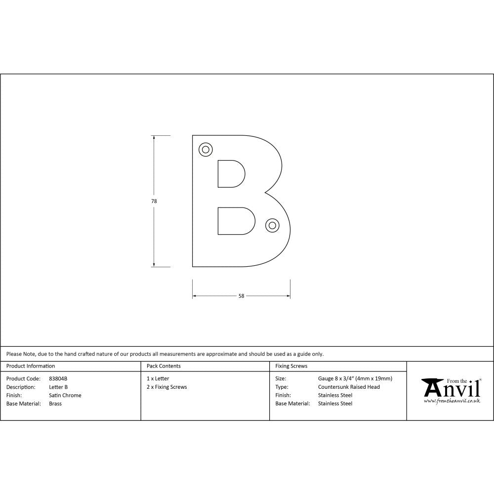 This is an image showing From The Anvil - Satin Chrome Letter B available from trade door handles, quick delivery and discounted prices