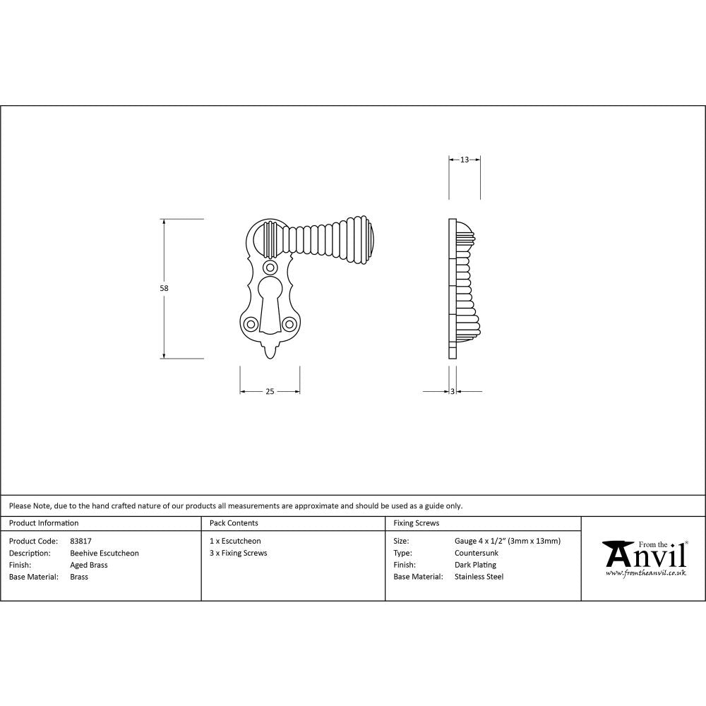 This is an image showing From The Anvil - Aged Brass Beehive Escutcheon available from trade door handles, quick delivery and discounted prices