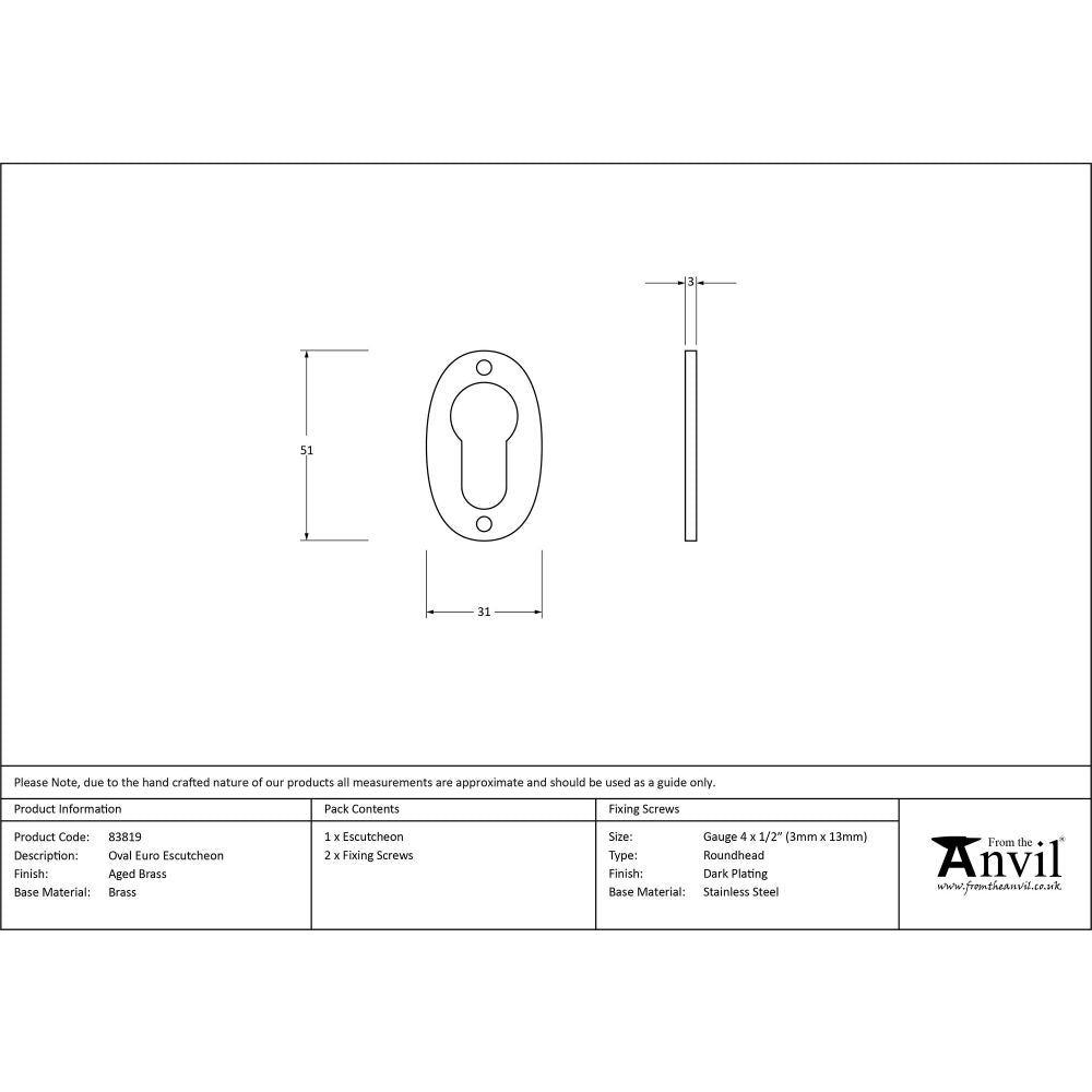 This is an image showing From The Anvil - Aged Brass Oval Euro Escutcheon available from trade door handles, quick delivery and discounted prices