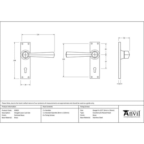 This is an image showing From The Anvil - Polished Brass Straight Lever Lock Set available from trade door handles, quick delivery and discounted prices