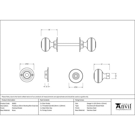 This is an image showing From The Anvil - Polished Nickel 50mm Prestbury Mortice/Rim Knob Set available from trade door handles, quick delivery and discounted prices