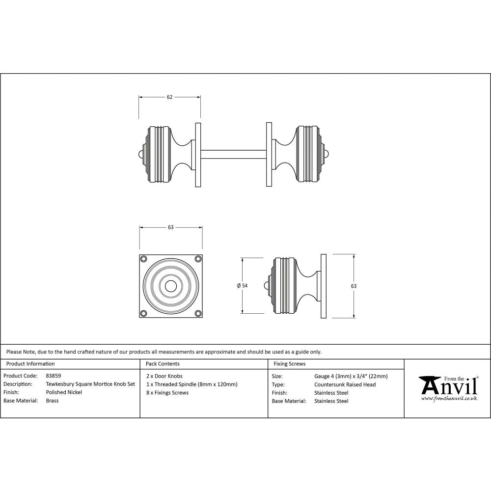 This is an image showing From The Anvil - Polished Nickel Tewkesbury Square Mortice Knob Set available from trade door handles, quick delivery and discounted prices