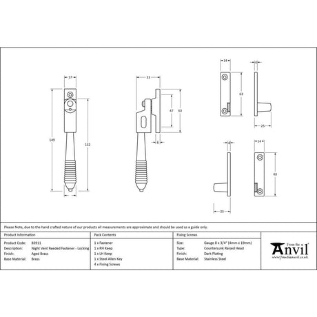 This is an image showing From The Anvil - Aged Brass Night-Vent Locking Reeded Fastener available from T.H Wiggans Architectural Ironmongery in Kendal, quick delivery and discounted prices