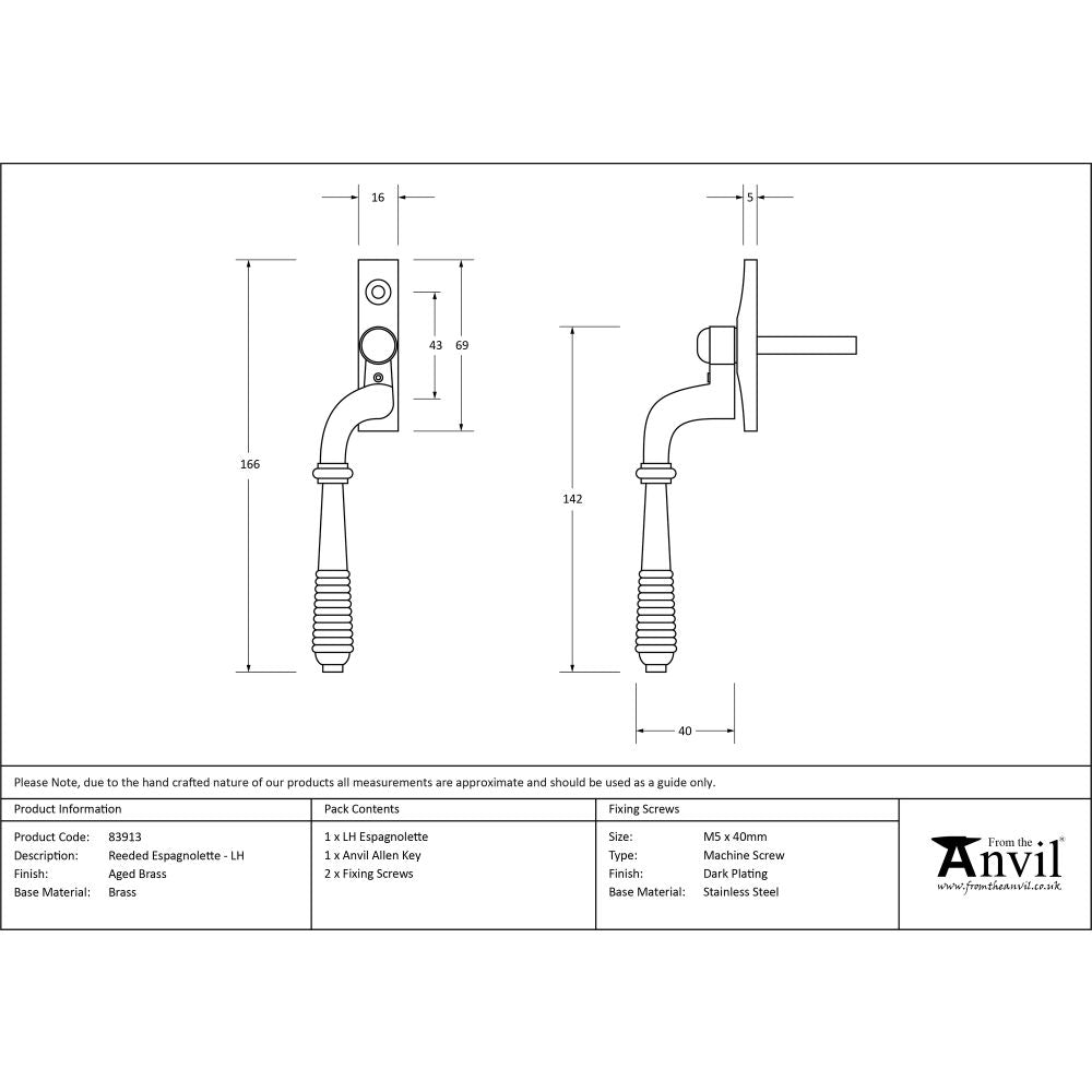 This is an image showing From The Anvil - Aged Brass Reeded Espag - LH available from T.H Wiggans Architectural Ironmongery in Kendal, quick delivery and discounted prices