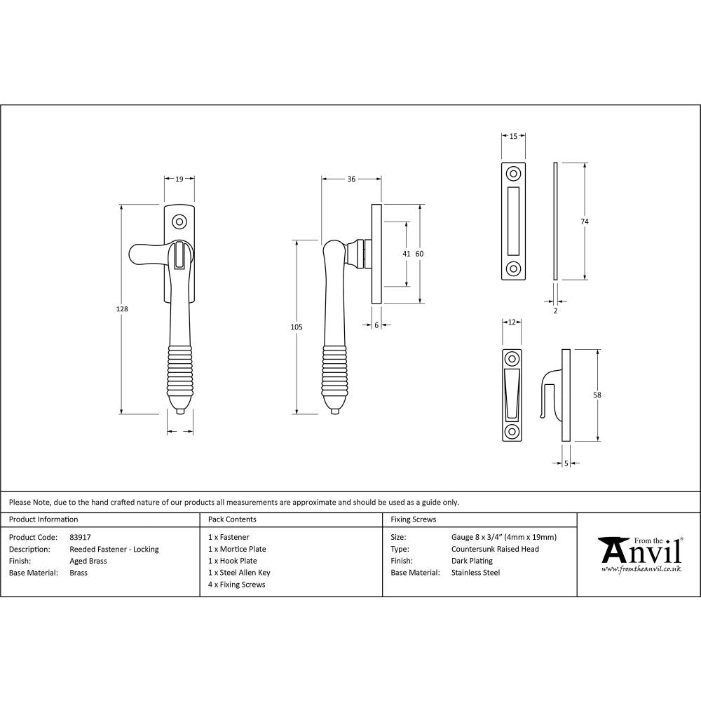 This is an image showing From The Anvil - Aged Brass Locking Reeded Fastener available from T.H Wiggans Architectural Ironmongery in Kendal, quick delivery and discounted prices