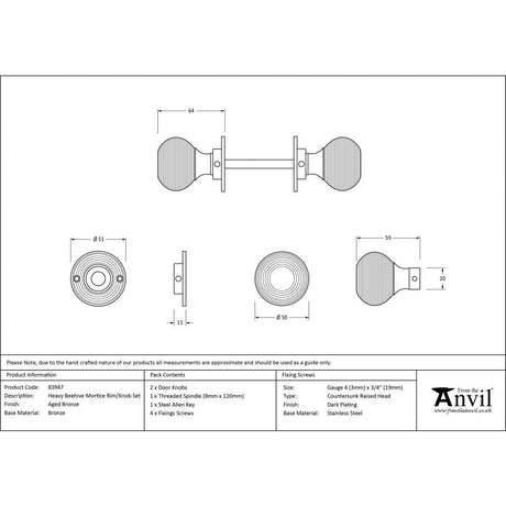 This is an image showing From The Anvil - Aged Bronze Heavy Beehive Mortice/Rim Knob Set available from trade door handles, quick delivery and discounted prices